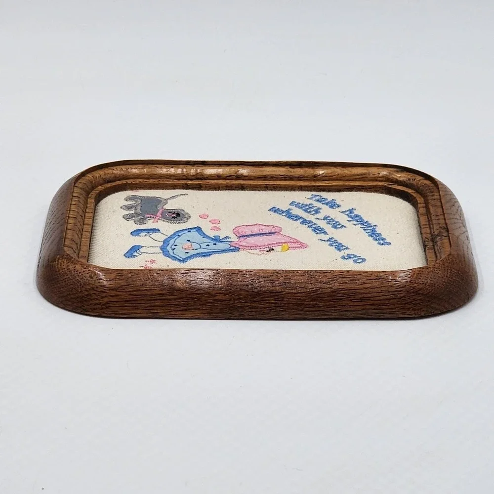 Vintage Russ Take Happiness with You Wherever You Go Framed Embroidered Plaque